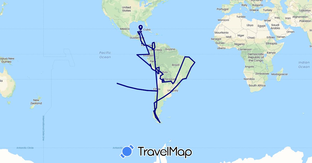 TravelMap itinerary: driving in Argentina, Bolivia, Brazil, Chile, Colombia, Costa Rica, Ecuador, Mexico, Nicaragua, Panama, Peru, Paraguay (North America, South America)